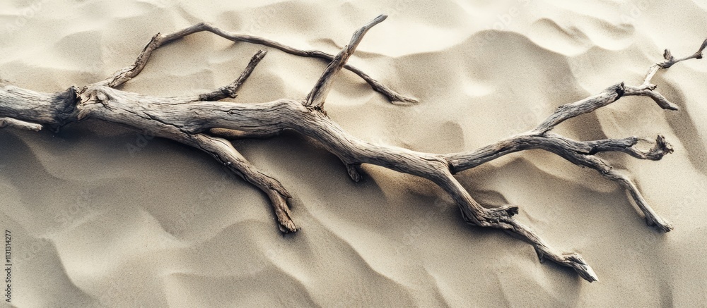 Poster dried branches lying on sandy surface showcasing texture and natural elements in a serene desert lan