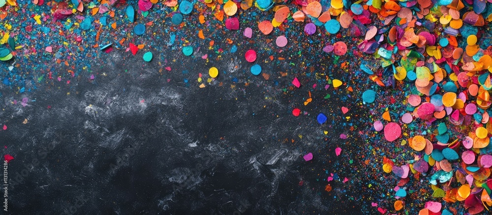 Poster Colorful confetti scattered on a black background creating a festive template ideal for celebrations with ample space for text or designs
