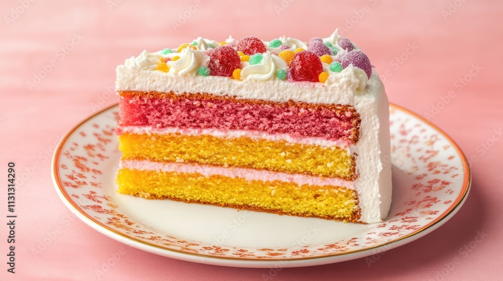 Poster layered colorful cake slice with frosting and decorative toppings on a decorative plate against a so