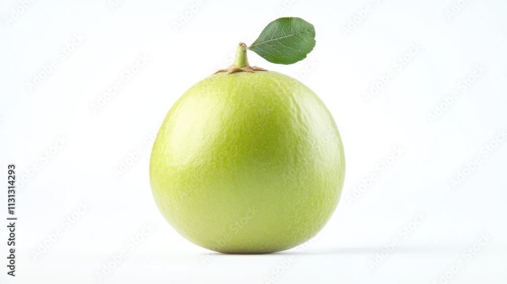 Poster fresh green guava with leaf isolated on white background showcasing its smooth texture and vibrant c