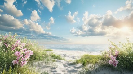 Obraz premium Serene coastal landscape with vibrant flowers and clouds reflecting on tranquil waters at sunrise in a picturesque natural setting