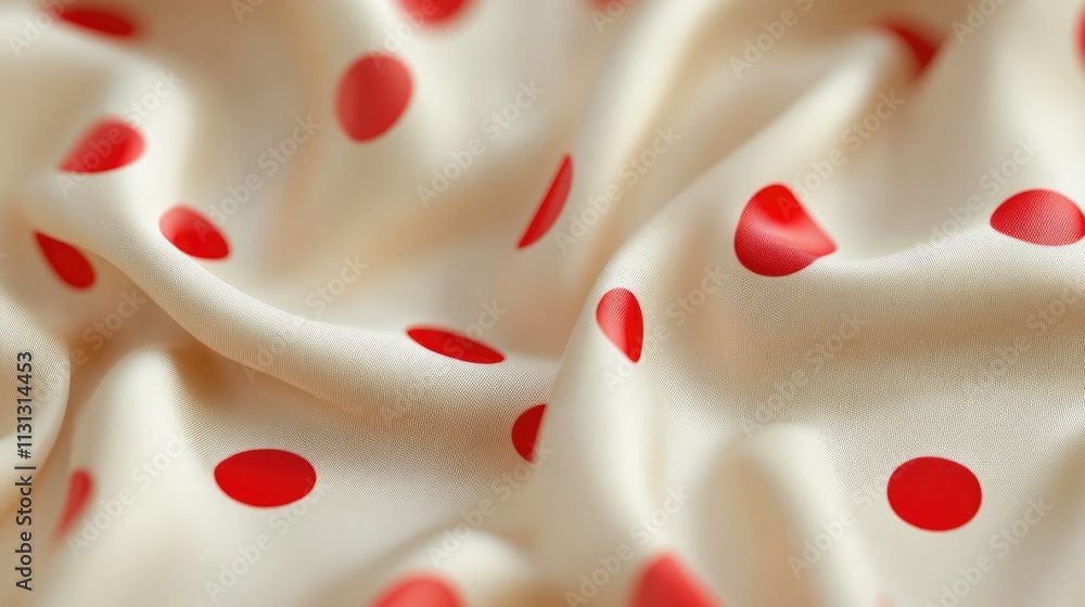 Poster beige fabric with vibrant red polka dots creating a classic and playful textile design suitable for 