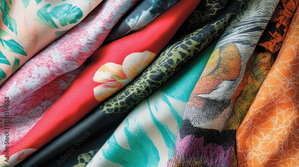 Poster collection of vibrant textured fabrics showcasing diverse patterns and colors for design and fashion