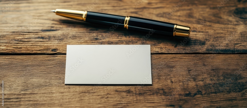 Poster luxury pen beside an empty business card on a rustic wooden table for professional branding and eleg