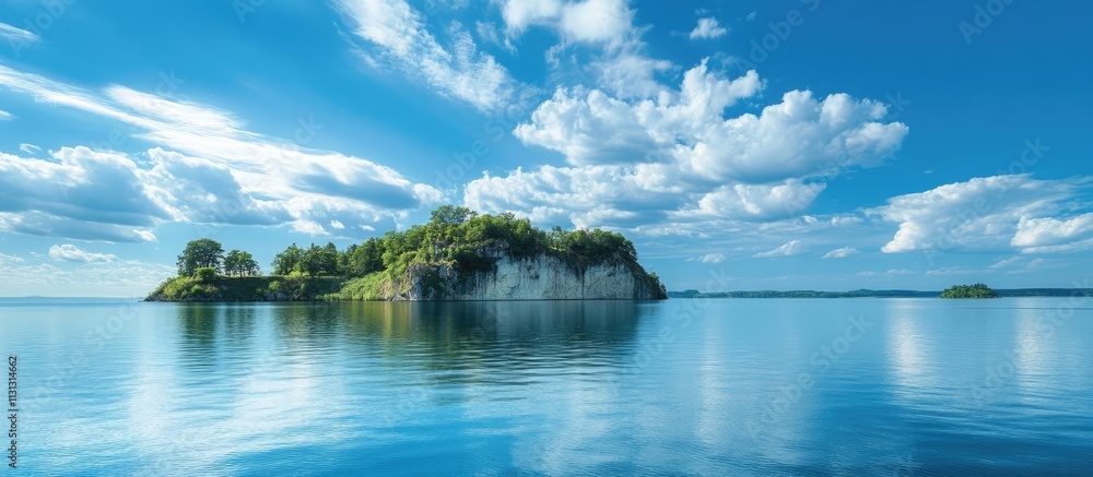 Aufkleber Scenic view of tranquil lake reflecting islets and flyovers under a bright spring sky with fluffy clouds and clear blue waters