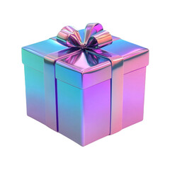 3D Rendered Pink and Purple Holographic Gift Box with Ribbon on transparent Background