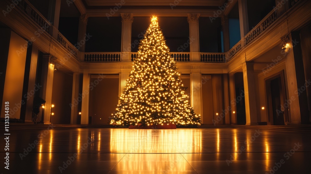 Poster Elegant illuminated Christmas tree in a grand hall creating a warm festive atmosphere with glowing lights and reflective floor surfaces.
