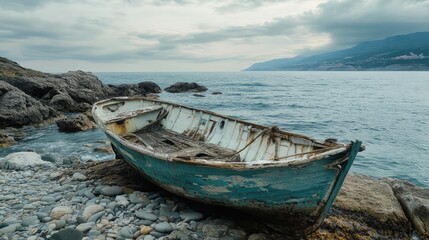 Fototapeta premium Weathered fishing boat on rocky shoreline of coastal village, evoking nostalgia and maritime history in a serene seascape setting