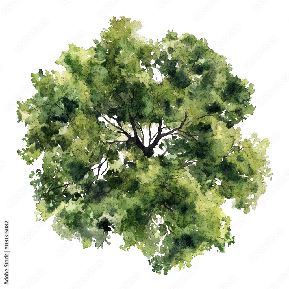 Poster watercolor tree top view on transparent background