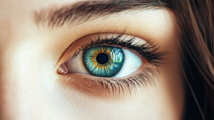 Obraz premium Close-up of a woman's eye showcasing vibrant color and detail, symbolizing security and digital identity protection concepts.