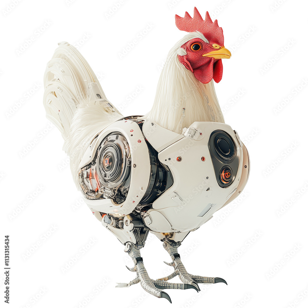 Poster futuristic robotic chicken designed with a transparent background showcasing advanced technology det