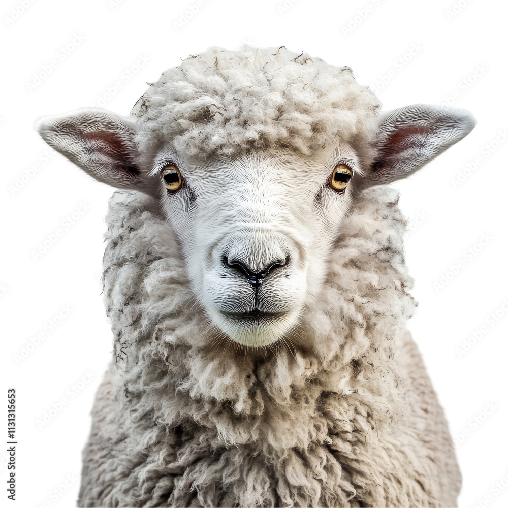Poster a close-up view of a yorkshire sheep with fluffy wool against a plain transparent background, yorksh