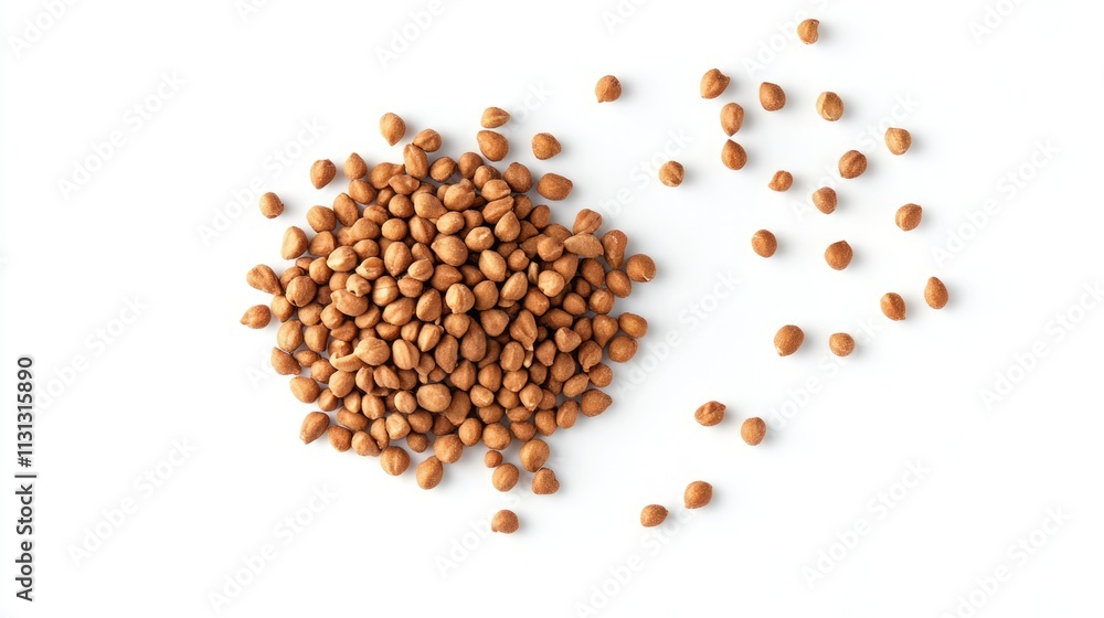 Poster dried peanuts scattered on a white background showcasing their natural texture and color in a top vi