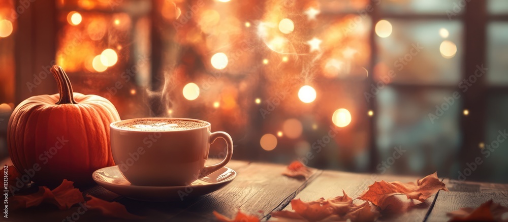 Poster cozy pumpkin spice latte in vintage setting with autumn leaves and warm lights creating a moody atmo