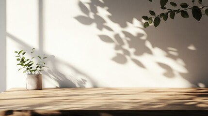 Minimalistic wooden table with plant shadows on wall ideal for branding presentation in cosmetics, food, or jewelry industries.