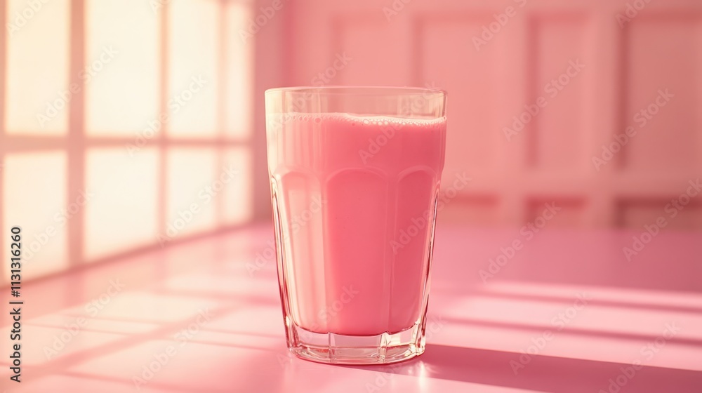 Aufkleber refreshing pink strawberry smoothie in an empty glass on a pastel pink table with soft sunlight filt