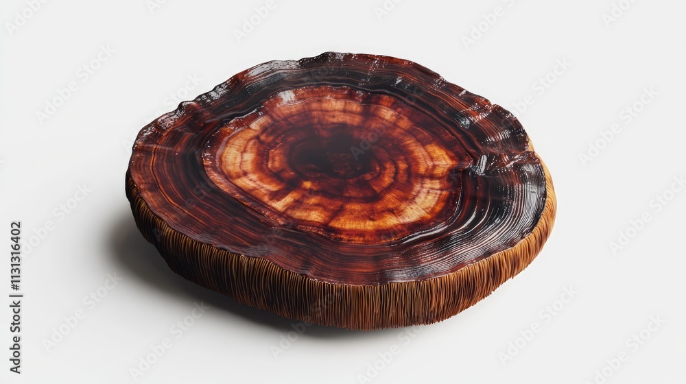 Poster glossy ganoderma mushroom slice on a light background showcasing its vibrant natural colors and intr