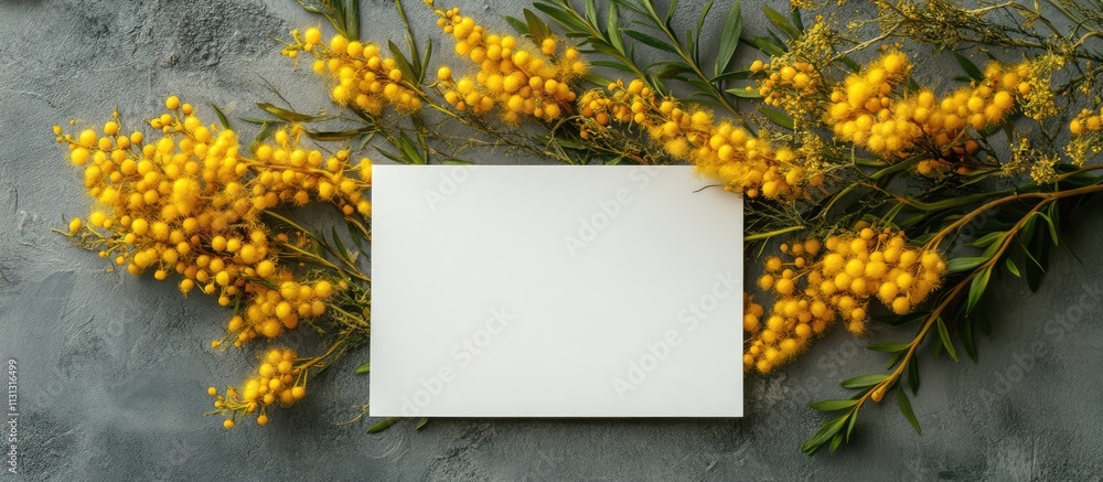 Aufkleber mimosa flowers surrounding empty greeting card for text on grey background in overhead view