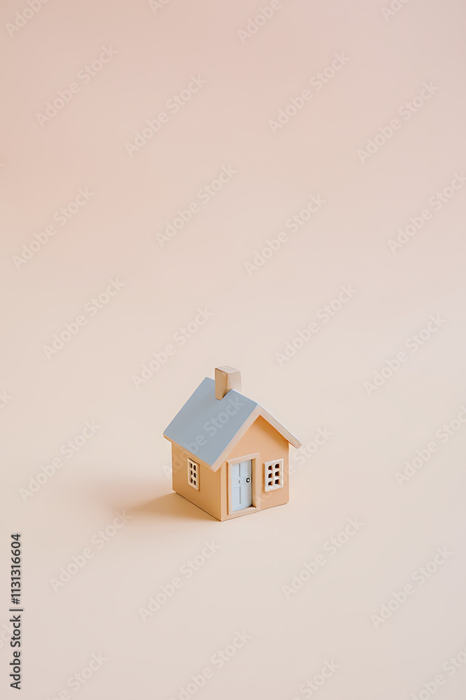 Poster A small model house is selectively focused on a soft pastel colored background in this visually appealing image._00002_