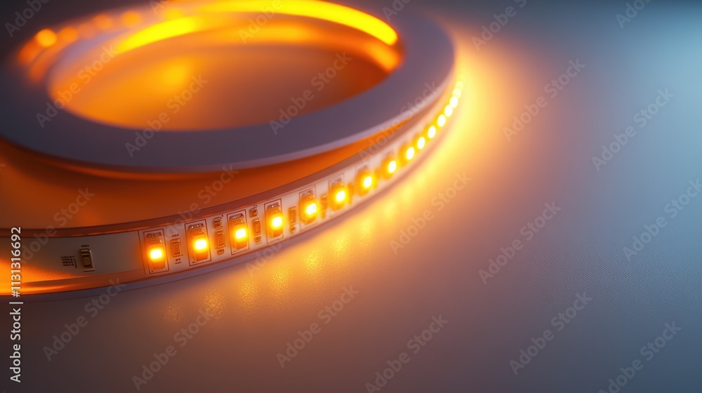 Poster glowing led light strip coiled in circular design creating a warm ambient glow on a flat surface