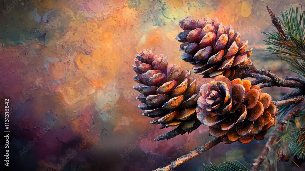Poster vibrant pine cones on branches with rich textures set against a softly blurred colorful background s