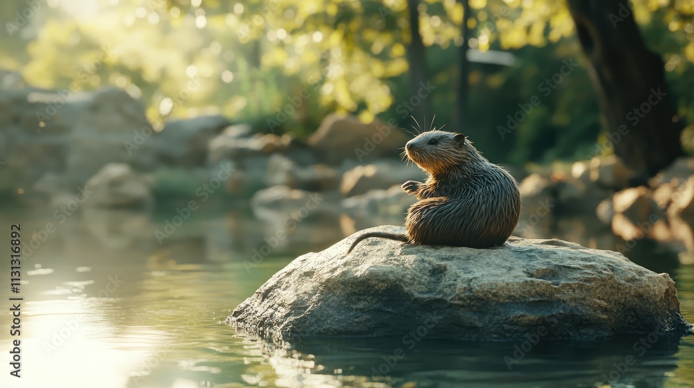 Poster nutria resting on a rock in a serene natural habitat by the water under soft sunlight filtering thro