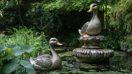 Fototapeta premium Ducks Statues Surrounded by Lush Greenery in a Serene Garden Pond Setting