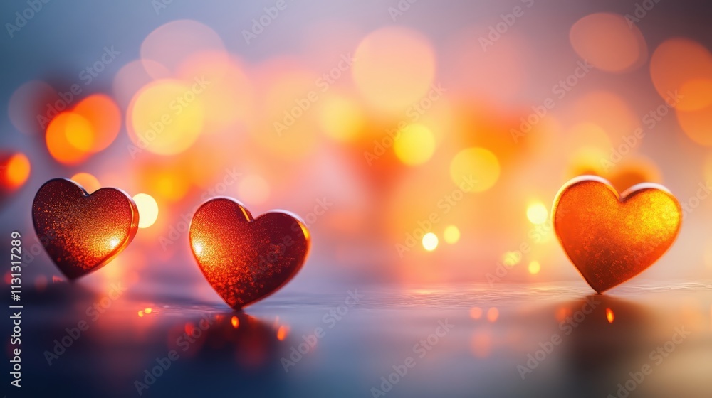 Poster glowing red hearts creating a warm and romantic atmosphere on a soft blurred background with bokeh l