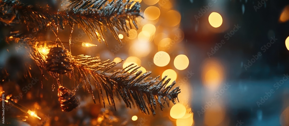 Aufkleber macro shot of christmas tree adorned with lights and ornaments creating a festive atmosphere during 