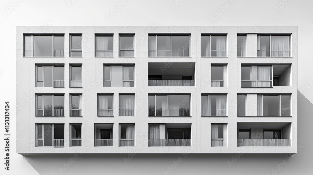 Poster modern architectural facade of a contemporary multi-story building featuring numerous large windows 
