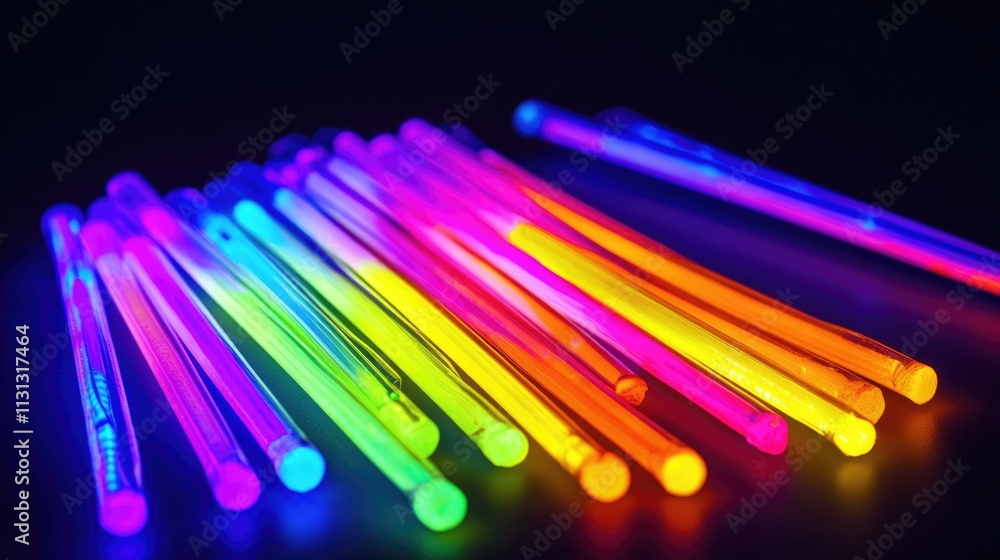 Aufkleber colorful glow sticks lit in various neon shades against a black background creating a vibrant and dy