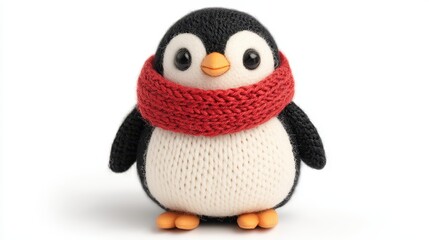 Fototapeta premium A cute, knitted penguin figurine wearing a red scarf, showcasing a playful design perfect for cozy decor or as a gift.