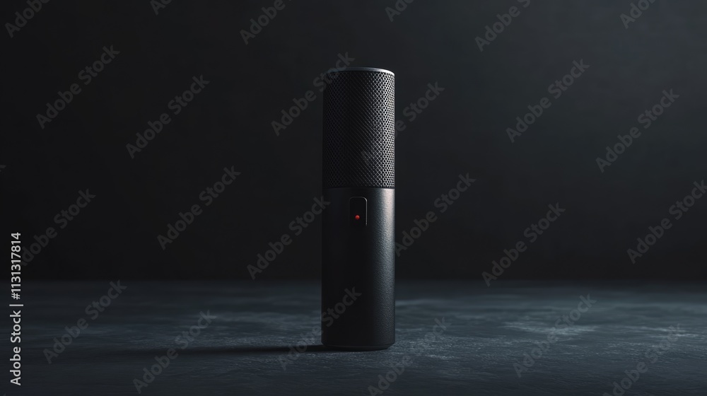 Poster modern digital voice recorder displayed upright on a dark textured surface with dramatic lighting, e
