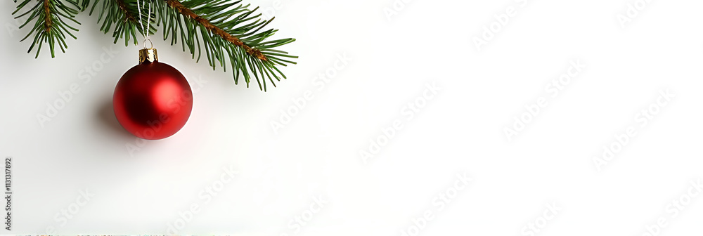 Poster A simple Christmas decoration idea features a pine branch with a red ball ornament on a white background setting._00003_