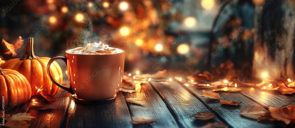 Aufkleber cozy pumpkin spice latte in a rustic vintage setting with autumn lights and blurred tree background 