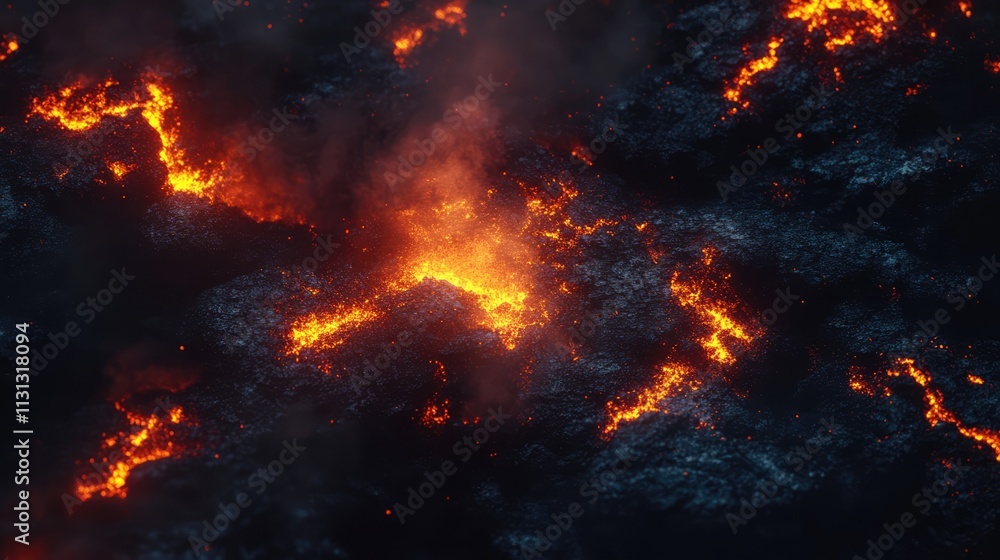 Poster molten lava flow with glowing coals creating a dramatic and textured background ideal for nature and
