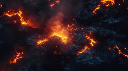 Fototapeta premium Molten lava flow with glowing coals creating a dramatic and textured background ideal for nature and geology themed projects.