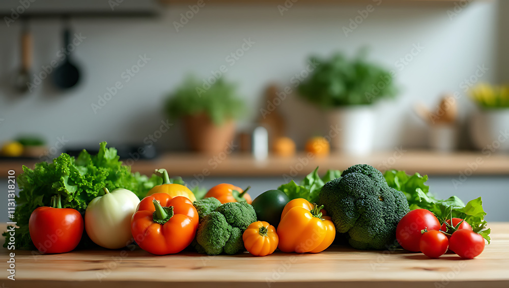 Poster A set of various healthy vegetables arranged on a table in front of a kitchen counter for creative purposes._00004_