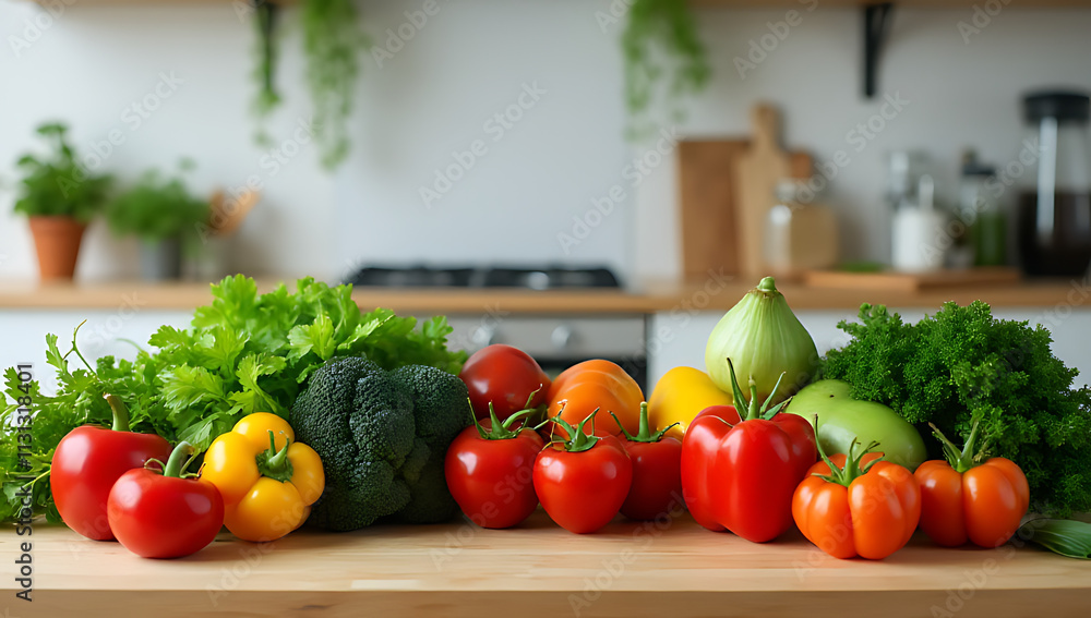 Aufkleber A set of various healthy vegetables arranged on a table in front of a kitchen counter for creative purposes._00002_