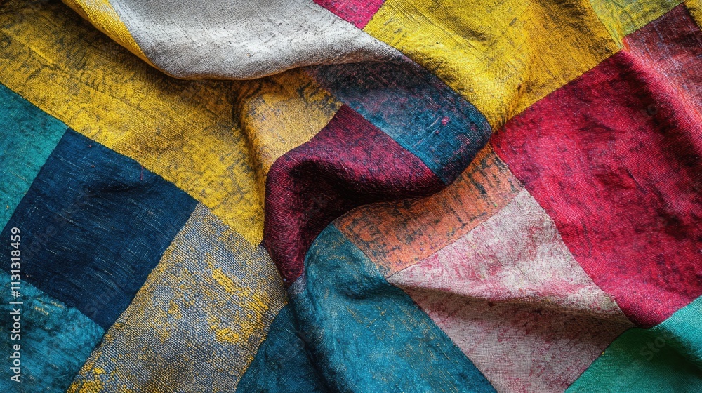 Poster colorful textured fabric with a patchwork pattern creating a vibrant and visually appealing backgrou