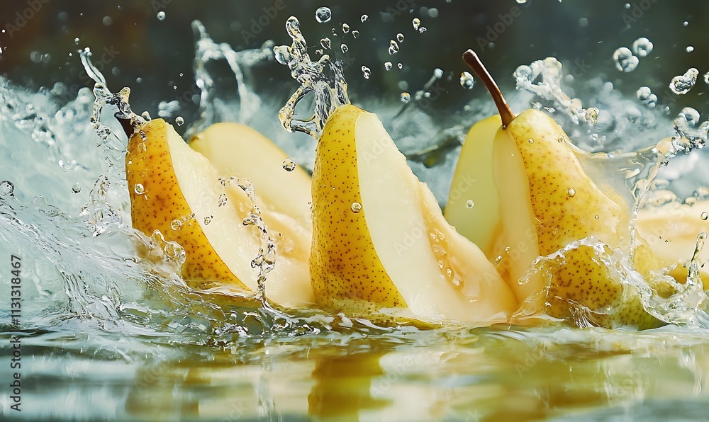 Aufkleber sliced pears splashing into water creating a vibrant scene