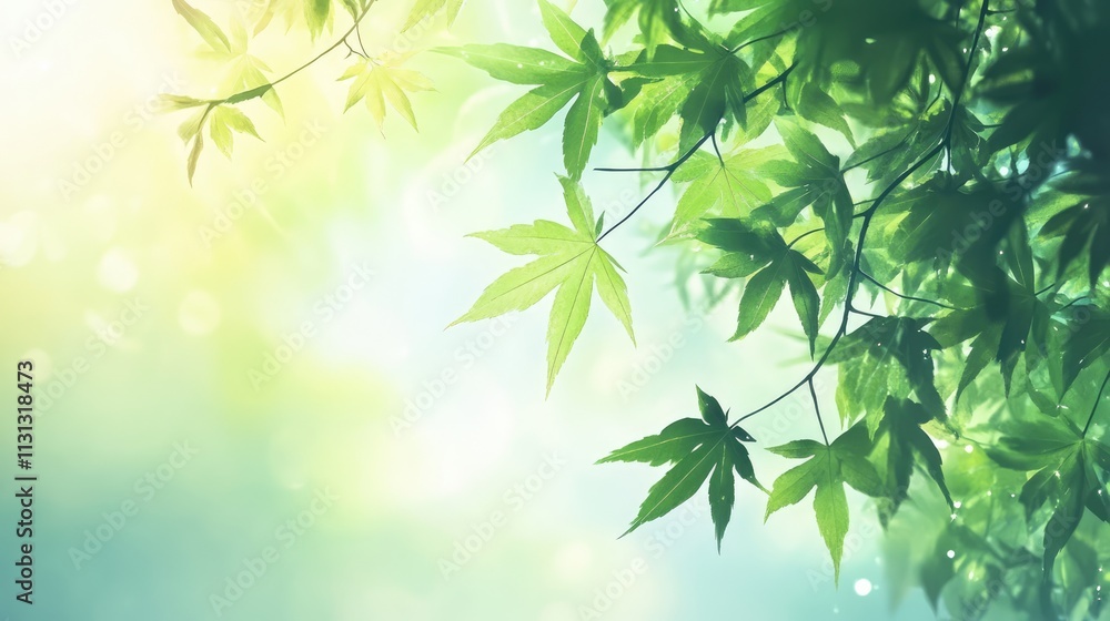 Poster fresh green maple leaves illuminated by soft daylight creating a serene natural background in a tran