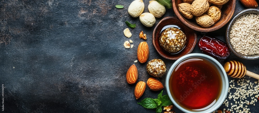 Poster Healthy energy balls made with nuts dates honey and sesame arranged with a mix of ingredients for nutritious snacking options