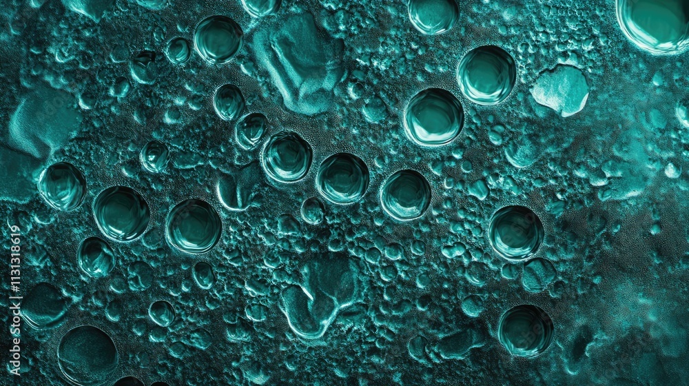 Poster green water droplets on glass surface creating a textured background with varying sizes and shapes o