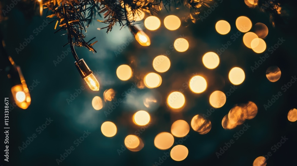 Poster glowing bokeh lights in golden hues against a dark background creating a warm and festive atmosphere