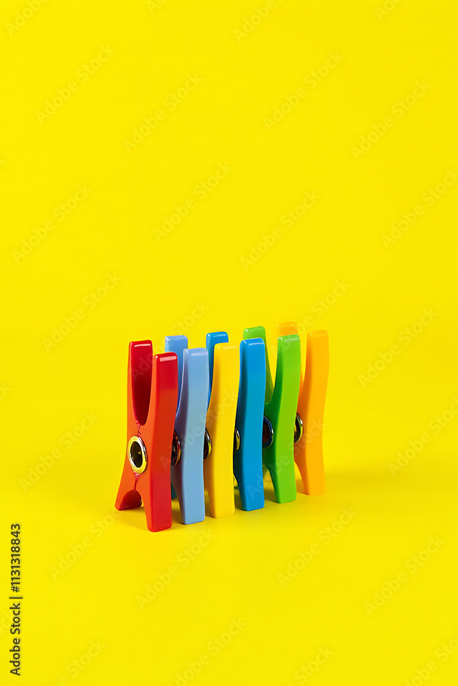 Poster A set of colorful clothespins are arranged in a neat row on a bright yellow colored background together._00002_