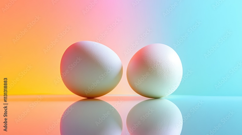 Poster eggs on vibrant colorful background with reflective surface enhancing their smooth texture and minim
