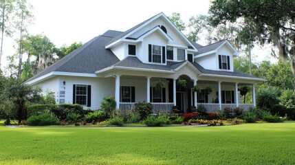Fototapeta premium Beautifully renovated family home with fresh landscaping and vibrant flower beds in a serene neighborhood setting.