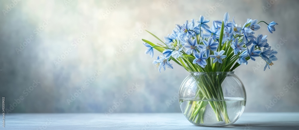 Poster spring scilla flowers arranged in a round glass vase on a soft light backdrop creating an elegant fl