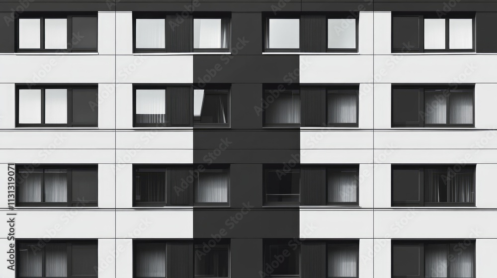 Poster facade of modern apartment building in black and white showcasing geometric patterns and window arra